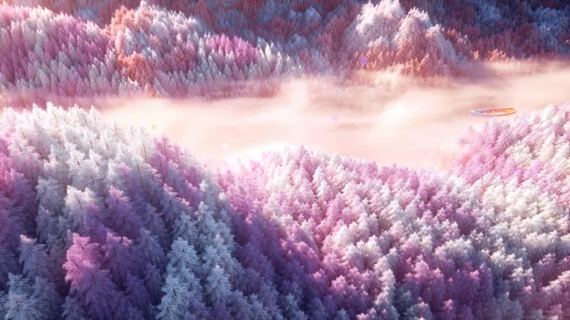 Surreal Atmosphere, 4K wallpaper, Foggy, Pink aesthetic, Outdoor, Floating boats, Flying, Rowing boat, Dreamlike