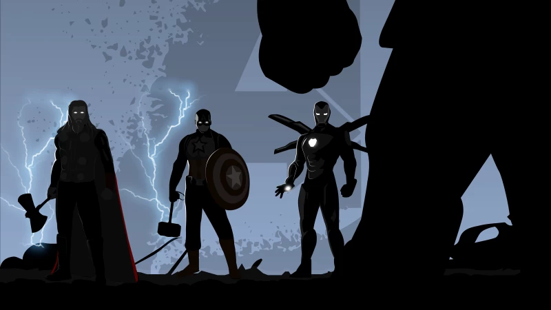 Avengers: Endgame, Thor, Captain America, Iron Man, Thanos, Illustration, Black