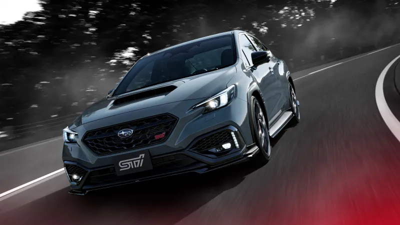 Subaru WRX STI wallpaper, Grey sport sedan, Winding road, Motion blur, 2024, 5K