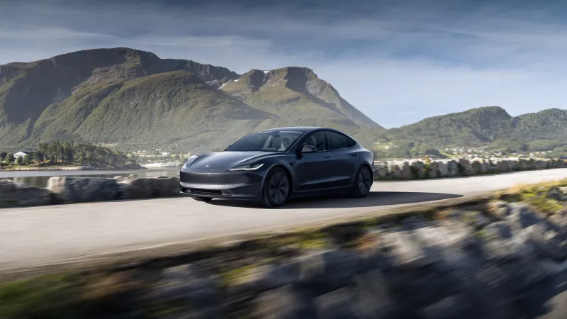 Tesla Model 3 Highland wallpaper, Grey electric sedan, Fjord road, 2024