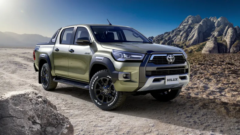 Toyota Hilux wallpaper, Green pickup truck, Rocky desert, 2024, 8K