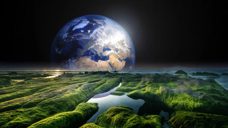 Earth rise wallpaper, Mossy coast, Surreal landscape