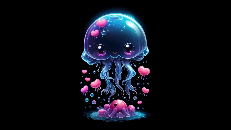 Jellyfish Cute art, Love hearts Kawaii, Black background 4K