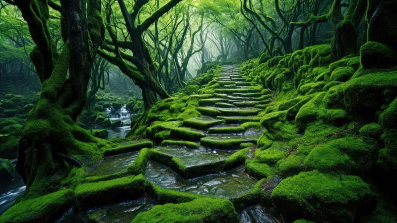 Mossy stone steps, Green forest, Stream, 5K wallpaper