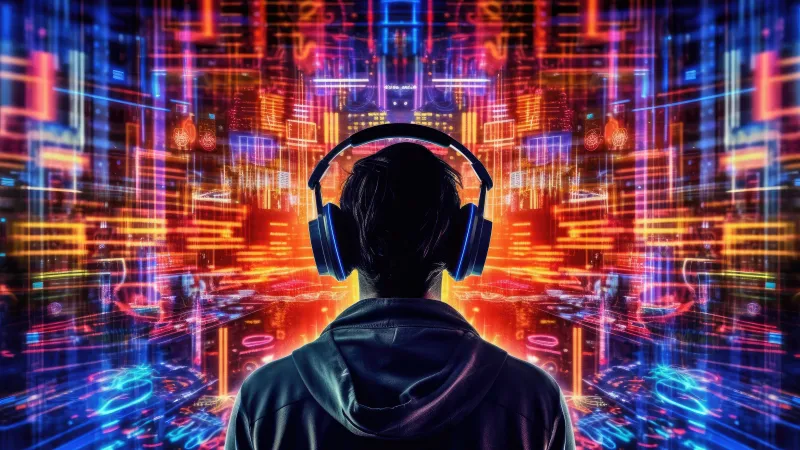 DJ with headphones, Neon digital world, AI art, 5K wallpaper