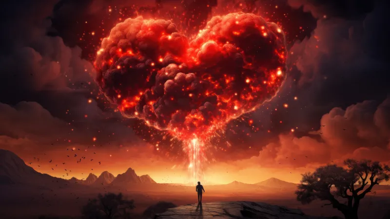 Love heart Surreal Explosion, Dreamlike, Silhouette, 5K