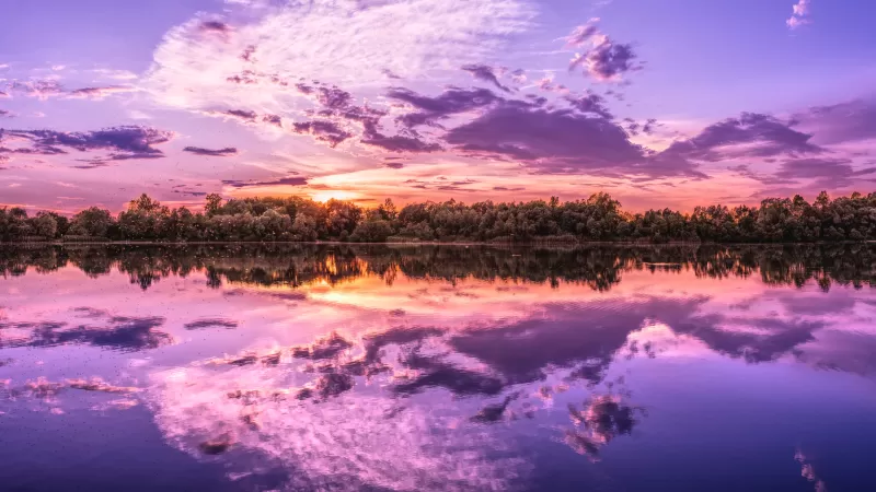 Sunset, Evening sky, Clouds, Beautiful, Reflections, Purple, Lake, 5K, 8K