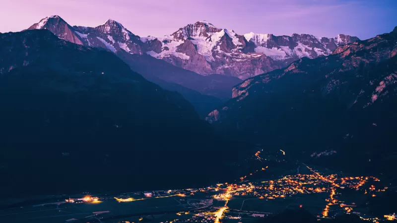 Mountain Peak, Purple, City lights, Aerial view, Dawn, 5K