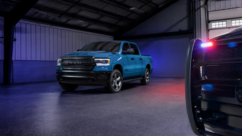 Ram 1500 wallpaper, Blue pickup truck, Police lights, Garage, 2024, 8K