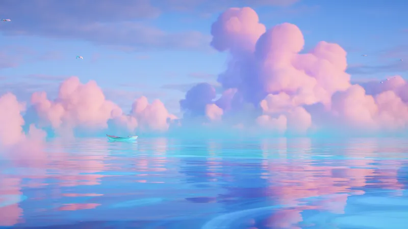 Ocean, Ultrawide, Boat, Surreal, Cloudy Sky, Blue aesthetic, Serene
