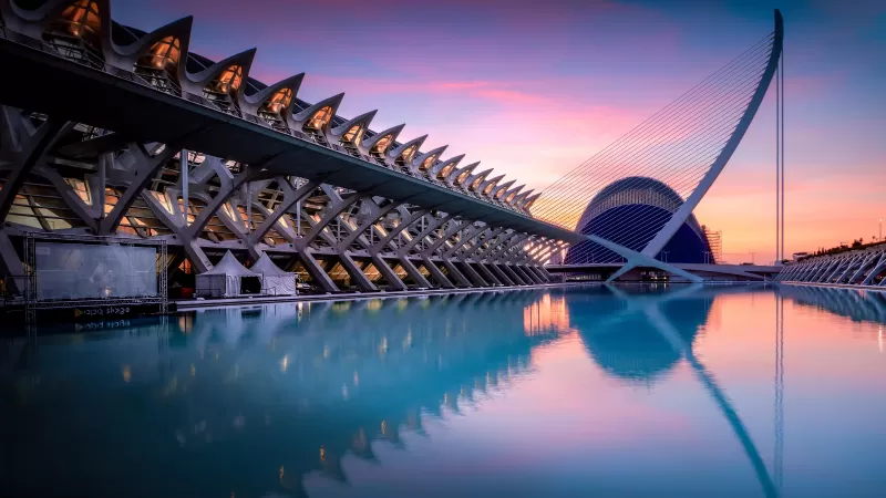 City of Arts and Sciences, Valencia, Spain, Sunrise, Pool, Reflection, Architecture, 5K