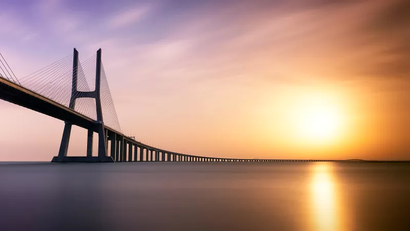 Vasco da Gama Bridge, Lisbon sunrise, Long exposure, 5K wallpaper