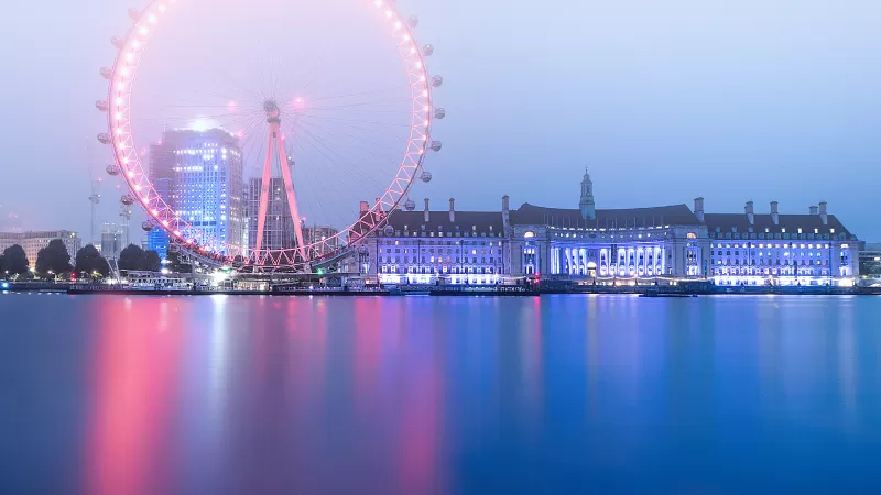 London Eye, Ferris wheel, River Thames, Cityscape, Dawn, Morning fog, Sky view, Water, Reflection, England