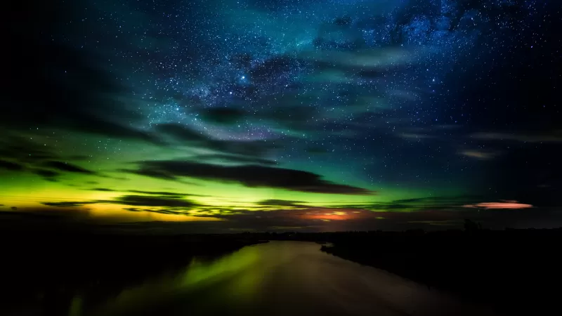Aurora Borealis, Stars, Clouds, New Zealand, Dawn, Night, River, Green, Blue Sky, Dark background, 5K