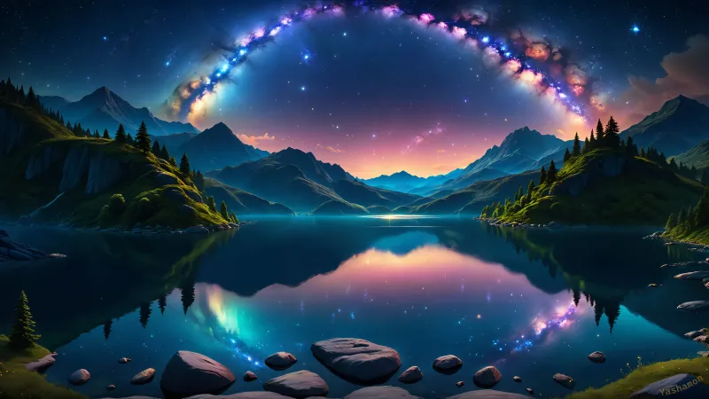 Mirror Lake Dreamlike, Rainbow, Surreal, AI art