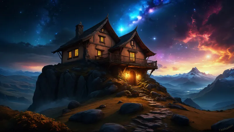 Dreamlike Wooden House, 4K wallpaper, Mountain Peak, Surreal