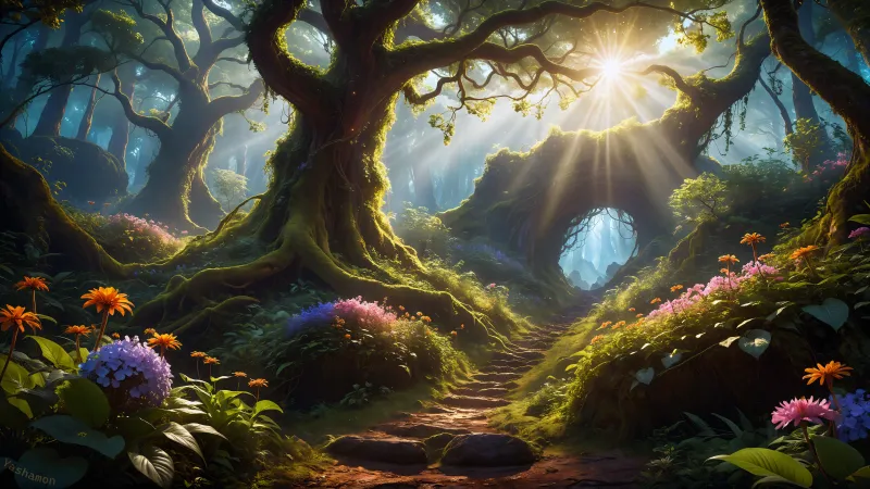 Enchanted forest path wallpaper, Ancient trees, Sun rays