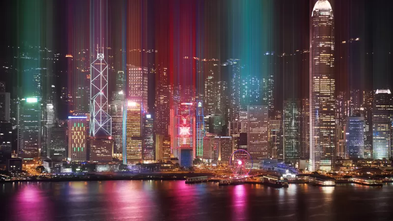Hong Kong, Cityscape, Kowloon, Architecture, Nightlife, Ferris wheel, Lights, River, Reflection, 5K, 8K