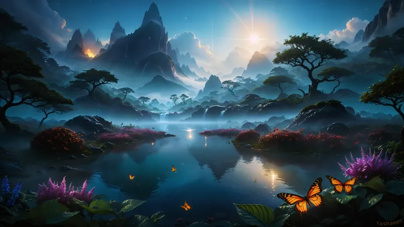 Dreamy Scenery, 4K wallpaper, Waterfalls, Dreamy, Lake, Mountains, Hazy, Tranquility