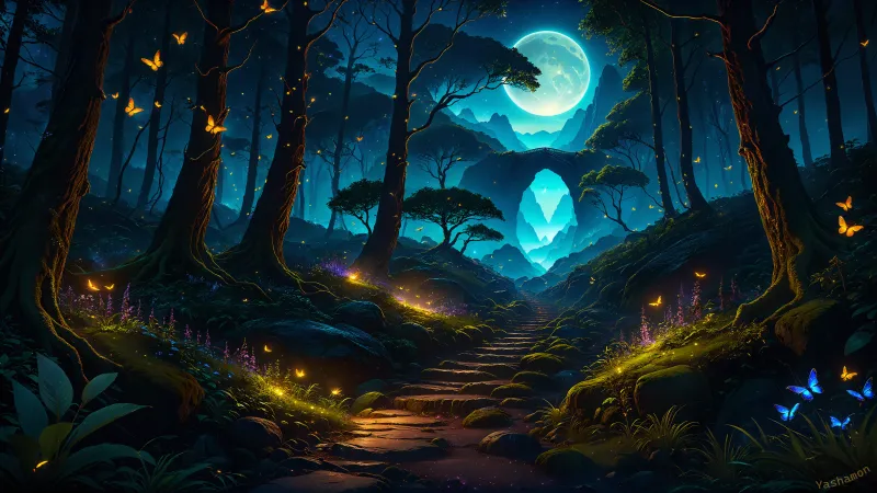 Magical night forest wallpaper, Glowing butterflies, Moonlit path