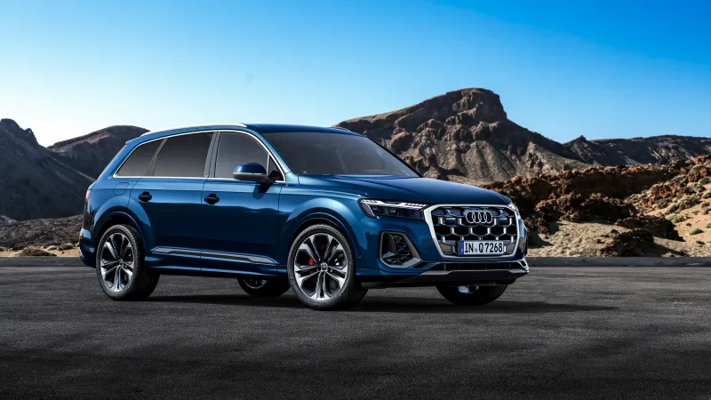 Audi Q7, Blue SUV, Volcanic mountains, Blue sky, 2024, 5K wallpaper
