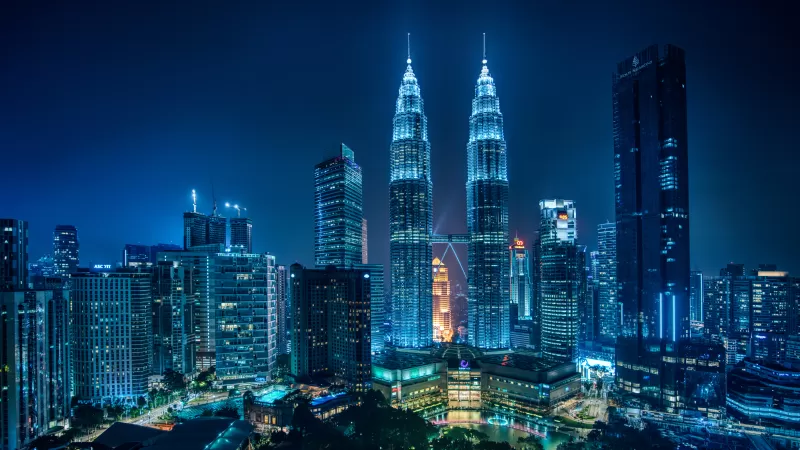 Petronas Towers, Kuala Lumpur, Malaysia, Cityscape, Night lights, Blue, Architecture, Skyscrapers, 5K, 8K