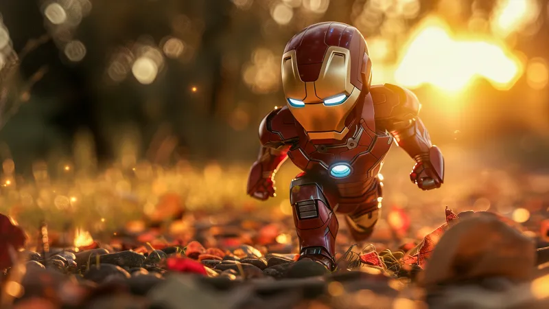 Iron Man Chibi AI art, Bokeh Background, Autumn background