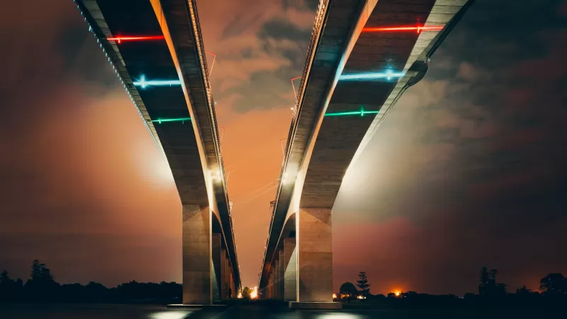 Twin bridges from below, Night lights, Orange sky, HD wallpaper