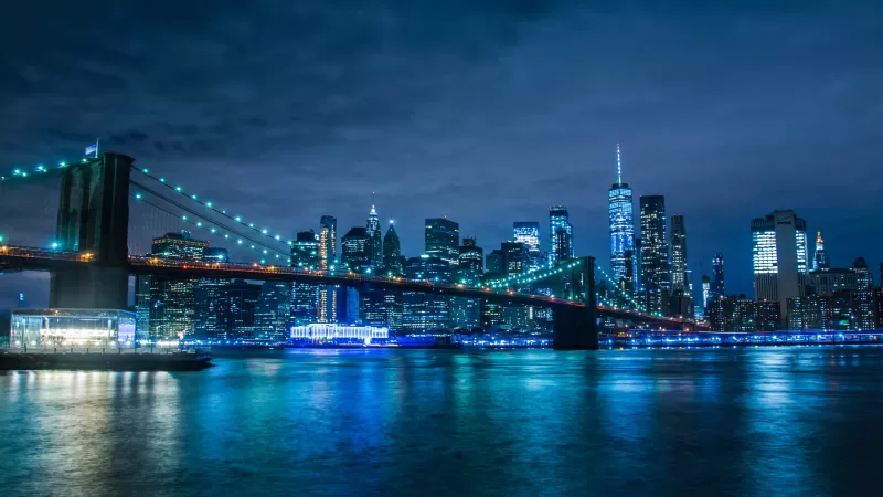 Brooklyn Bridge, Manhattan Skyline, Waterfront, New York, Cityscape, Blue, Night life, Body of Water, Clear sky, Architecture, 5K