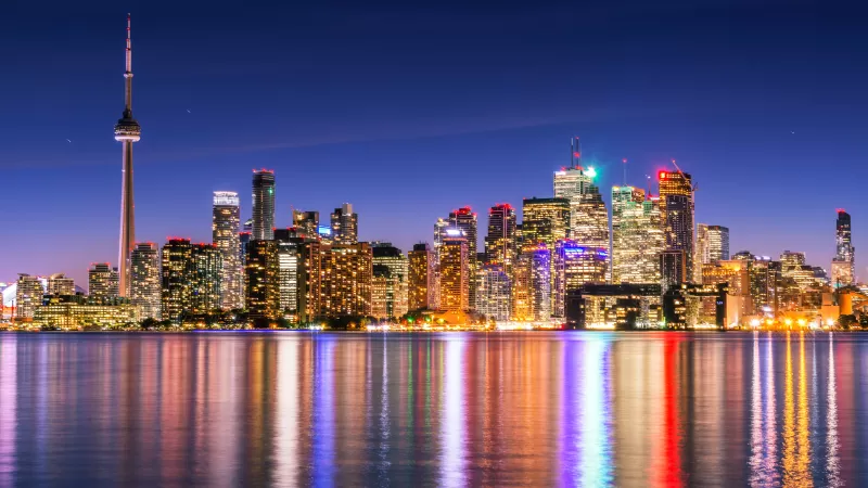 Toronto Skyline, Skyscrapers, Canada, Cityscape, Night lights, Waterfront, Dusk, Reflections, Architecture, Clear sky, Multicolor, 5K