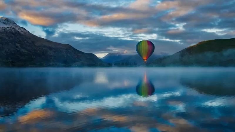 Hot air balloon, Lake Hayes, Queenstown, New Zealand, Mountains, Clouds, Reflection, Multicolor, 5K, 8K