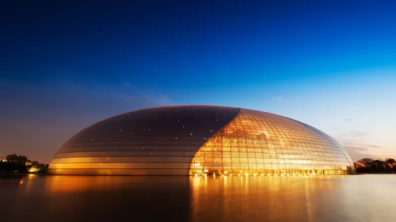 National Centre for the Performing Arts, China, Modern architecture, Blue Sky, Clear sky, Evening, Lights, Orange, 5K