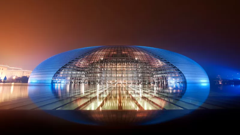 National Centre for the Performing Arts, China, Blue light, Glass, Modern architecture, Dome, Reflection, Clear sky, Night lights, 5K