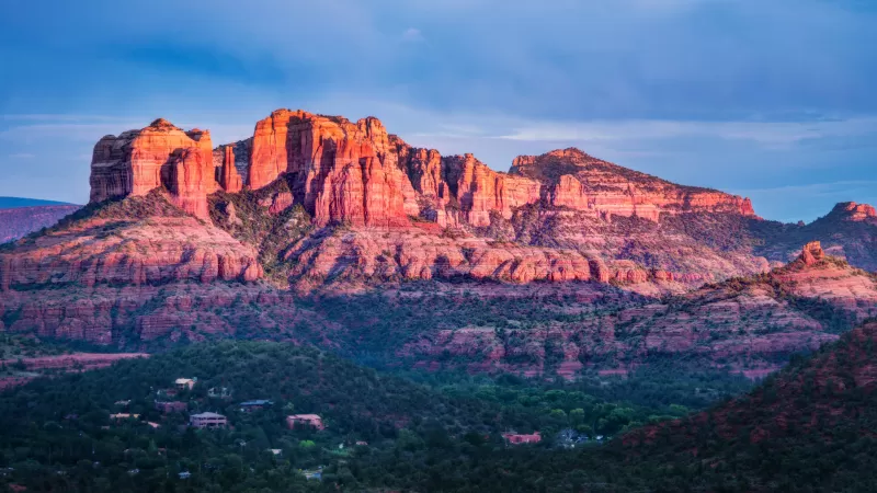 Sedona Red Rocks, Valley, Mountain range, Sunset, Sky view, Blue, Green Trees, Landscape, 5K, 8K
