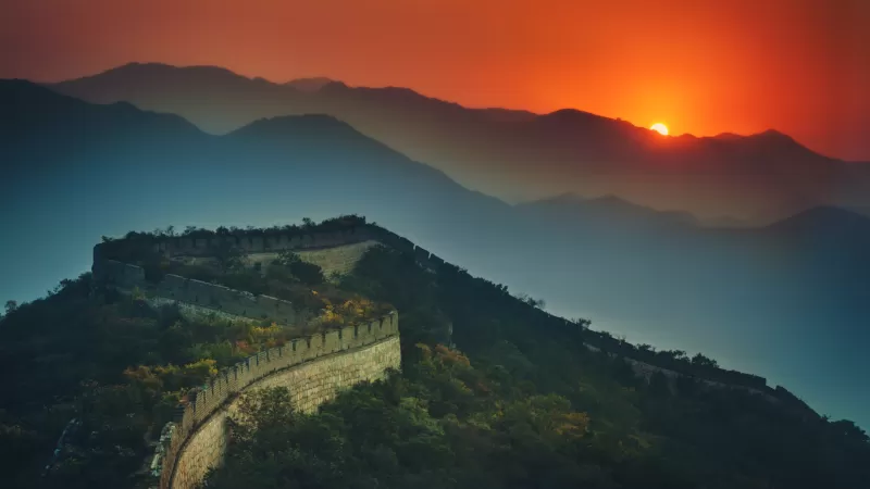 Great Wall of China, Sunset, Orange sky, Mountains, Beijing, Green Trees, Aerial view, 5K