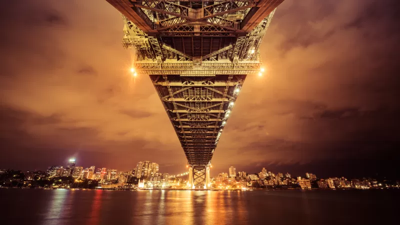 Sydney Harbour Bridge, Australia, Cityscape, River, Reflection, Nightscape, Sky view, Orange, Bright, City lights, 5K, 8K