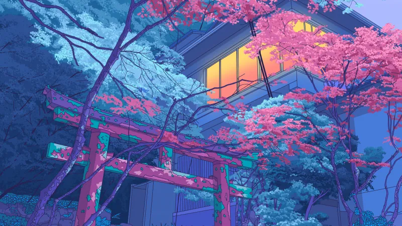Spirited Away Fan Art, Vaporwave, Haku, Chihiro, Torii gate, Japanese, Lofi