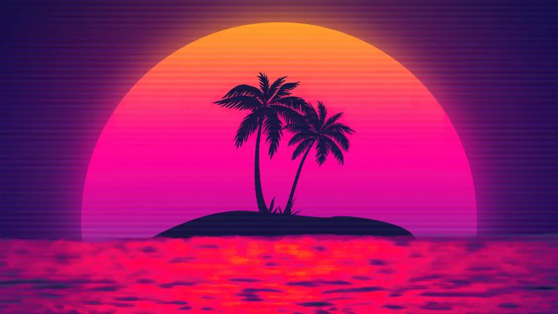 Vaporwave, Sunset, Palm trees, Island, 5K background, Pink aesthetic