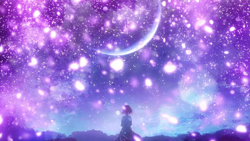 Anime girl Purple aesthetic, Crescent Moon, Dreamlike, Surrealism, Purple sky, Mood, Lonely, 5K, Shuu Illust