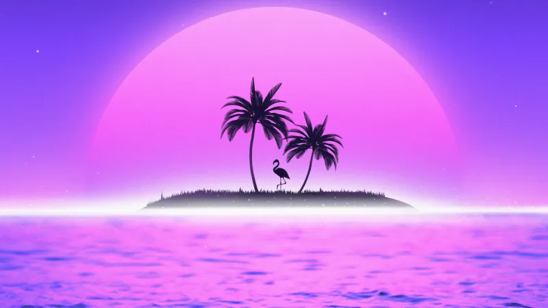Sunset Synthwave, RetroWave art, Vaporwave, Flamingo, Palm trees, Island, Tropical, 5K