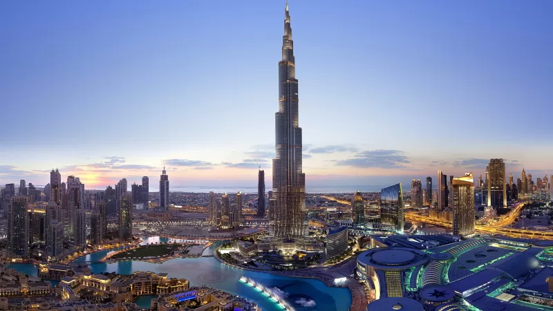 Burj Khalifa, Dubai, Cityscape, Skyscrapers, Dusk, Clearsky, Sunset, Aerial view, City lights, Modern architecture, Panorama