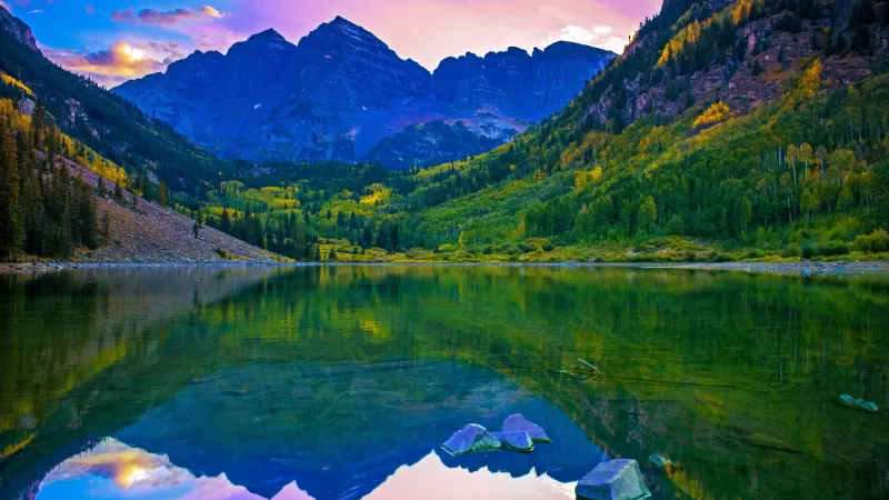 Maroon Bells wallpaper, Mountain lake reflection, Colorado summer
