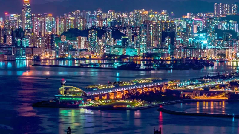 Hong Kong City, Cityscape, Nightlife, Skyscrapers, Waterfront, Reflections, River, Night time, Aesthetic, 5K