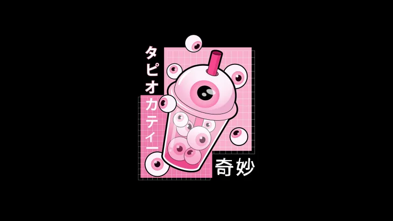 Kawaii boba tea Weirdcore, Desktop background 5K, Black