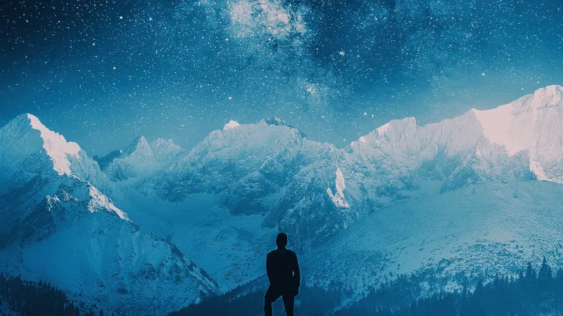 Hiker under Milky Way wallpaper, Snowy mountains, Starry night