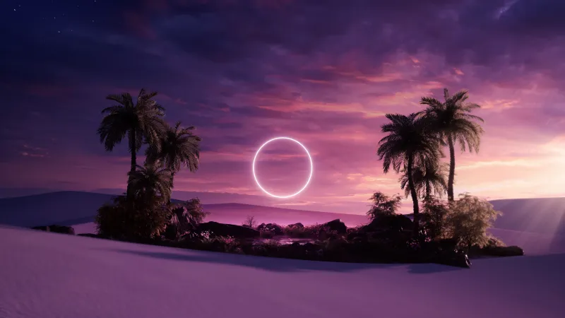 Neon ring in desert oasis, Palm trees, Purple sky, 5K wallpaper