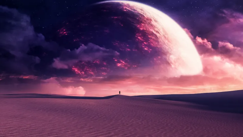Dreamy Desert, Desktop background 5K, Planet, Surrealism, 5K, Dune, Stars in sky