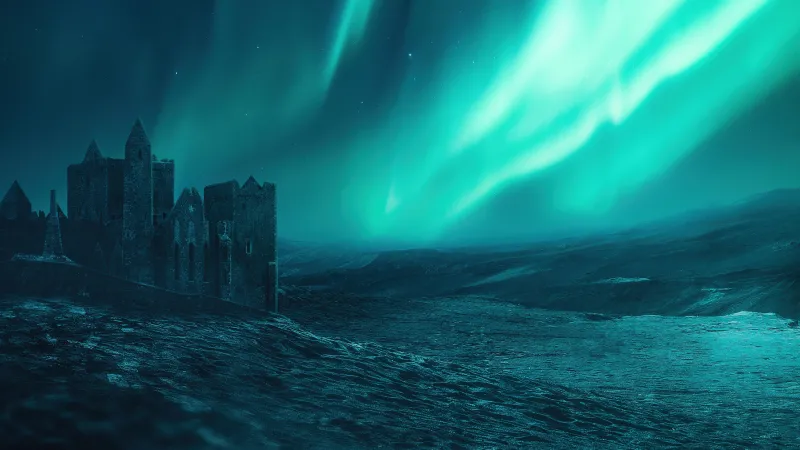 Ruined castle wallpaper, Aurora sky, Green northern lights