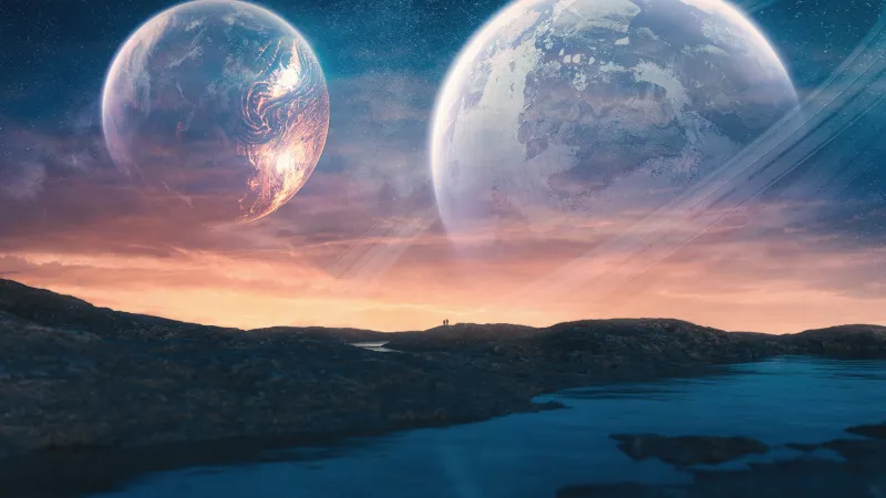 Twin planets over a lake wallpaper, Pink dusk, Surreal