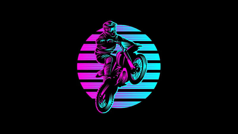 Motocross Motorcycle Neon art, RetroWave art, Black background, 5K, AMOLED, Stuntman